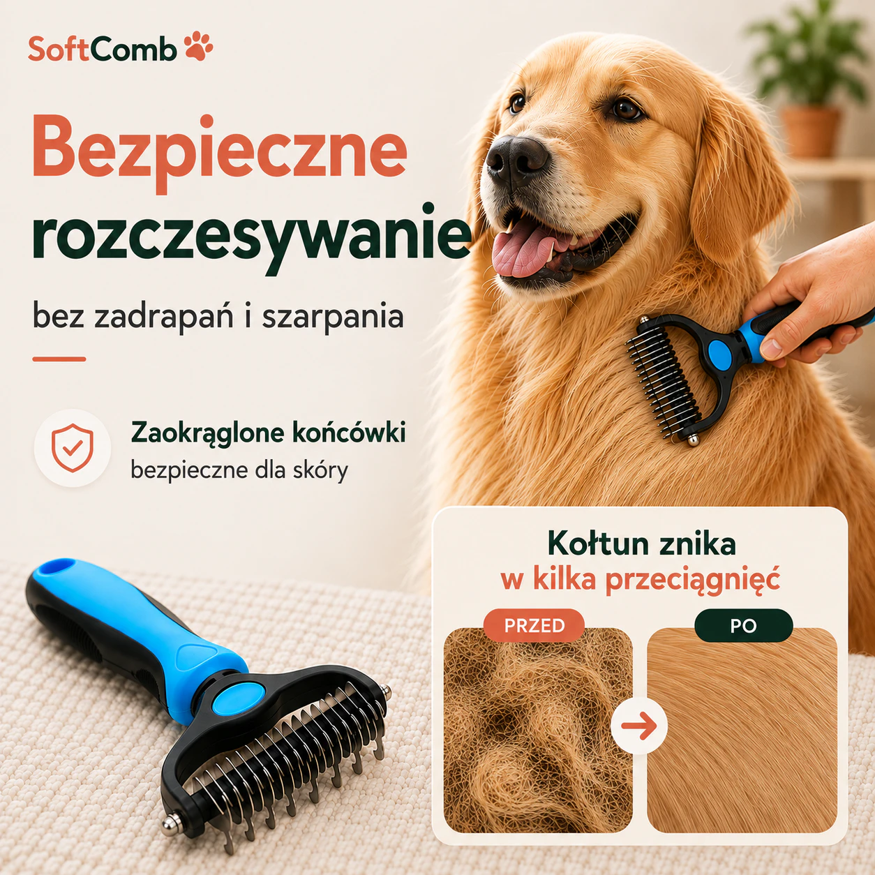 SoftComb - bezpieczny grzebień do kołtunów i podszerstka, bez zadrapań 1